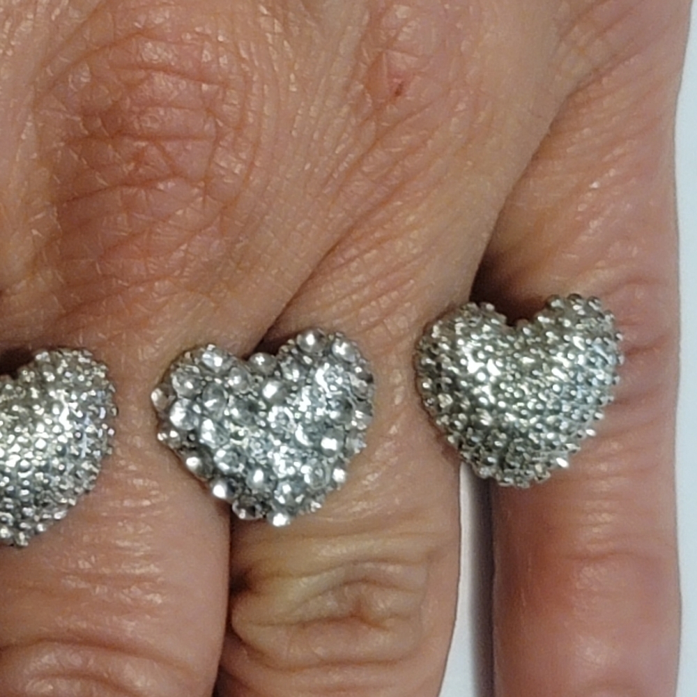 Vintage Double Finger Heart Ring Rhinestone Scarf Holder Silver Tone Adjustable